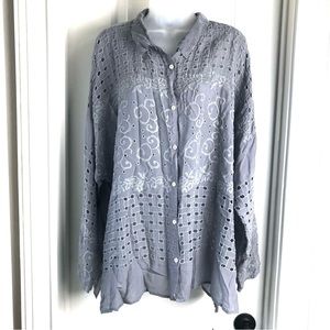 Johnny Was Gray Eyelet Embroidered Button Down Tunic
